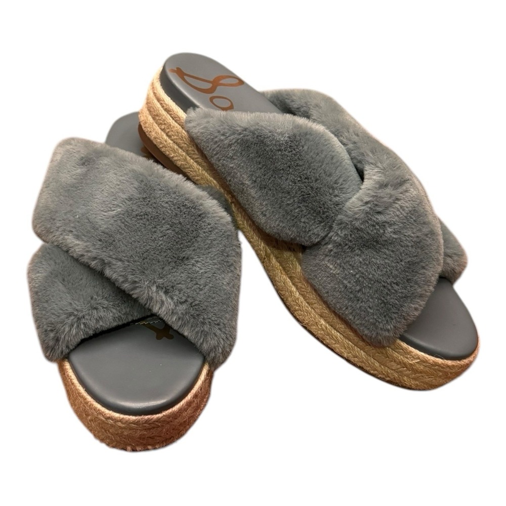 Sam Edelman Gray Faux Fur Criss Cross Espadrille Platform Slides Size 9.5